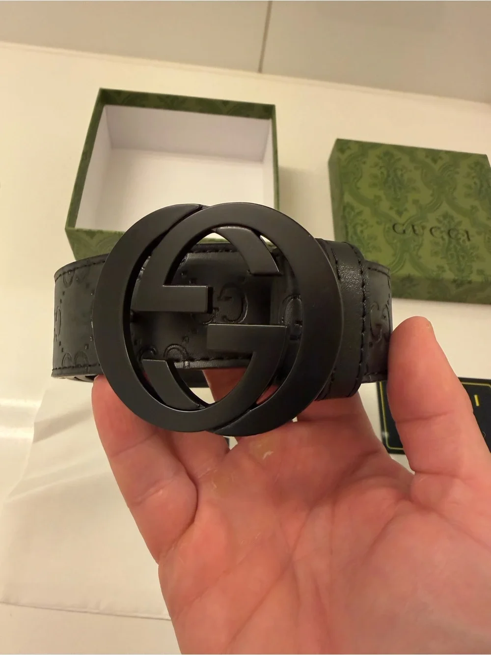 Gucci Black Embossed GG Leather Belt with Matte Black Double G Buckle